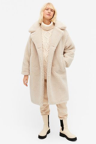 Monki + Long Beige Teddy Coat