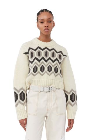 Ganni + White Chunky Wool Cropped O-Neck Sweater