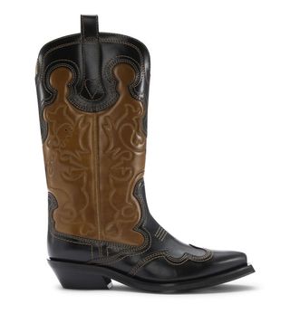 Ganni + Black/Brown Mid Shaft Embroidered Western Boots
