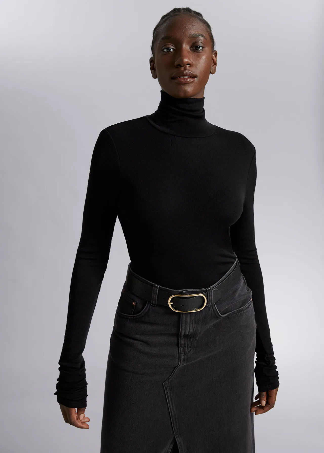 Wrap skirt with turtleneck and belt