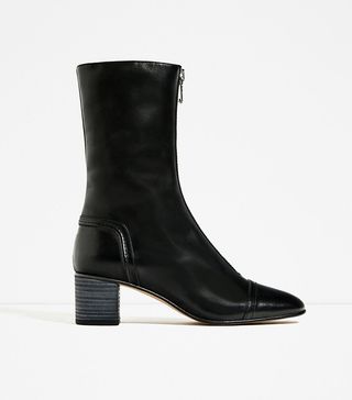 Zara + Medium Heel Leather Zipped Ankle Boot