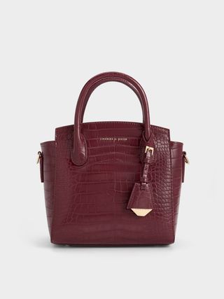 Charles & Keith + Burgundy Croc-Effect Trapeze Structured Tote Bag