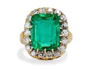 Vintage + Victorian 10.22 Cushion Cut Emerald and Diamond Cluster Ring