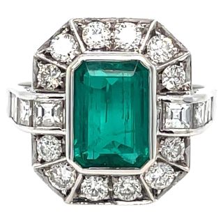 Vintage + Colombian Emerald Art Deco Diamond Platinum Ring