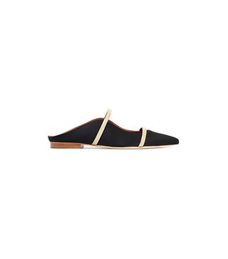 Malone Souliers + Maureen Metallic Leather-Trimmed Satin Point-Toe Flats