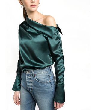 Pixie Market + Green Satin Button One-Shoulder Shirt