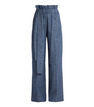 MSGM + Chambray Paperbag-Waist Wide-Leg Trousers