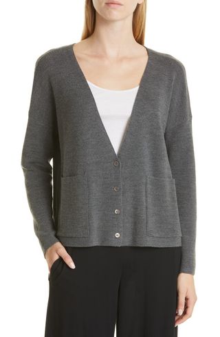 Eileen Fisher + Deep V-Neck Merino Wool Cardigan