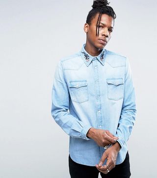 ASOS + Western Shirt With Floral Embroidered Collar in Bleach