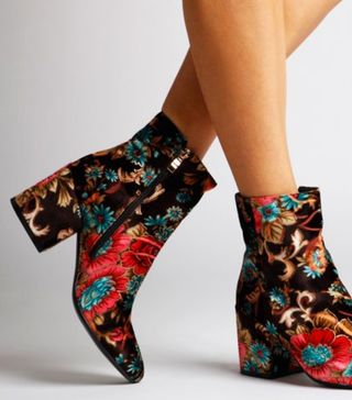 Ego + Omari Floral Print Velvet Brown Ankle Boot
