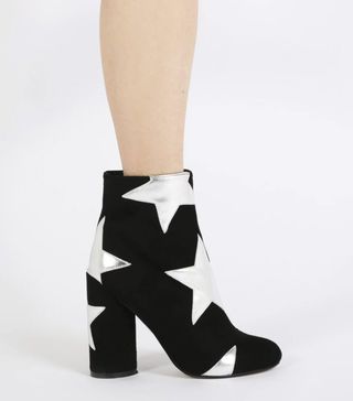 Public Desire + Afra Silver Star Print Ankle Boots in Black Faux Suede