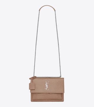 Saint Laurent + Medium Sunset Monogram Bag in Antique Rose Crocodile-Embossed Shiny Leather