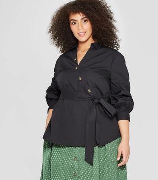 Who What Wear + Asymmetric Button Detail Belted Blouse