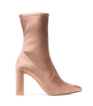 Stuart Weitzman + The Clinger Booties in Stretch Satin Adobe
