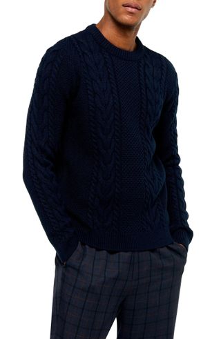 Topman + Crewneck Cable Knit Sweater