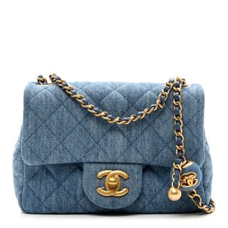 Fashionphile + Chanel Denim Quilted Mini Pearl Crush Flap Blue