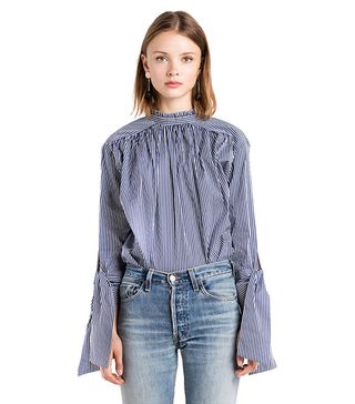 Arctic Cubic + Sexy Button Back High Mock Neck Striped Self Tie Bell Sleeve Blouse Shirt Top Blue