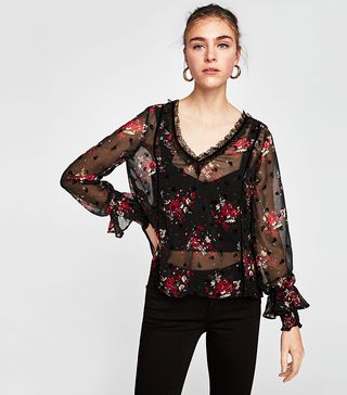 Zara + Semi-Sheer Top With Ruffle Trims