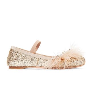 Miu Miu + Faux Pearl, Crystal and Feather-Embellished Glittered Leather Ballet Flats
