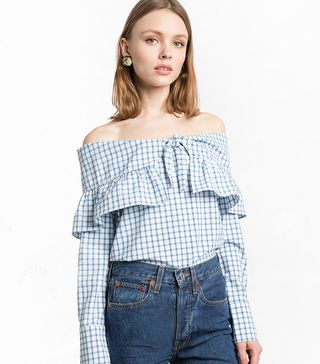 Pixie Market + Check Off-the-Shoulder Bow Tie Top