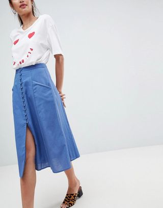 ASOS + Full Midi Skirt With Button Front