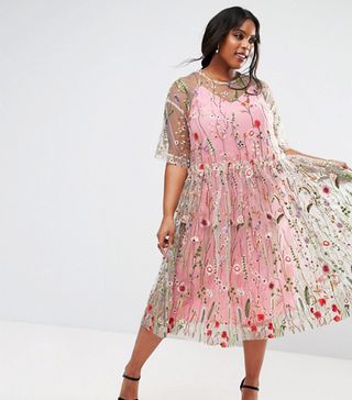 ASOS Curve + Embroidered Smock Longer Length Midi Dress