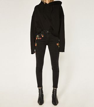 Zara + Mid Rise Embroidered Skinny Jeans