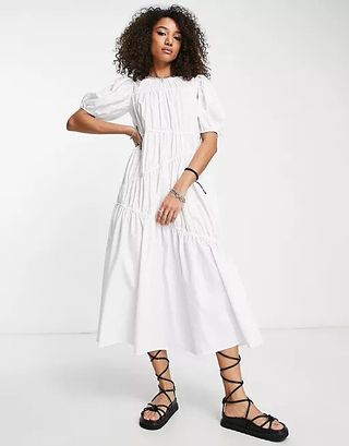 ASOS Design + Cotton Poplin Gathered Tiered Dress