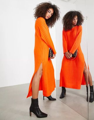 Asos Edition + Slouchy Maxi Dress in Wide Knit Rib With Split Sides in Orange
