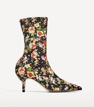 Zara + Floral Fabric High Heel Ankle Boots