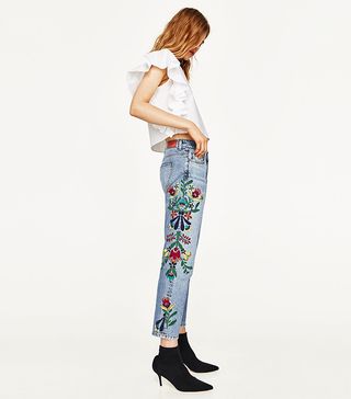 Zara + Mid-Rise Jeans With Floral Embroidery