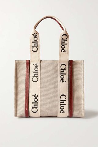 Chloé + Woody Medium Leather-Trimmed Linen-Canvas Tote