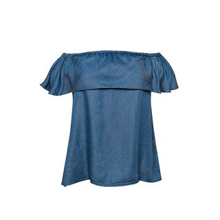 7 for All Mankind + Off Shoulder Denim Ruffle Top