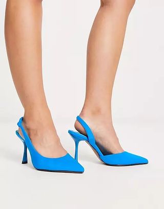 Asos Design + Wide Fit Simmer Slingback Stiletto Mid Shoes in Blue