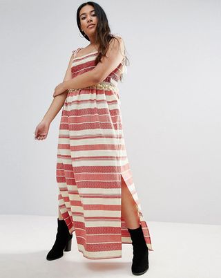 ASOS Curve + Stripe Maxi Dress With Pom Pom and Shirring Details