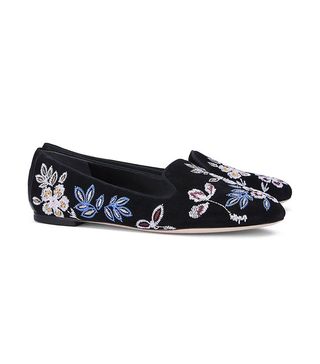 Tory Burch + Embroidered Floral Smoking Slippers