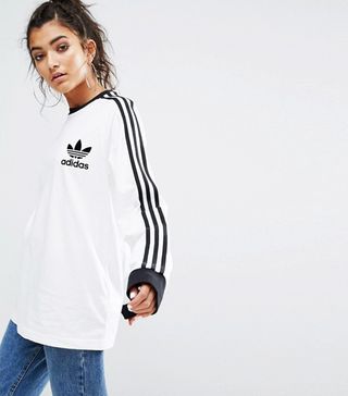 Adidas Originals + White Three Stripe Long Sleeve T-Shirt