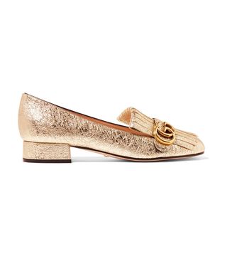 Gucci + Marmont Fringed Metallic Cracked-Leather Loafers
