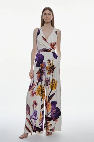 Karen Millen + Satin Crepe Drama Floral Belt Jumpsuit