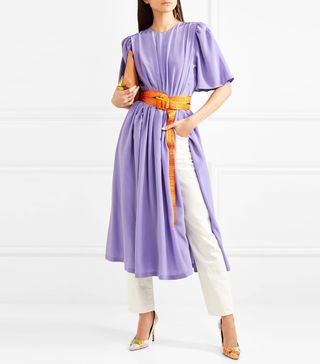 PushButton + Gathered Silk Midi Dress