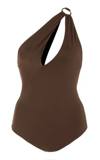 a brown one-piece one-shoulder swimsuit with a cutout