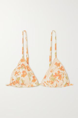Peony + Scalloped Floral-Print Stretch-Econyl Triangle Bikini Top
