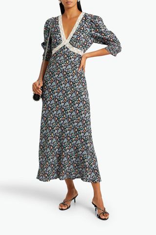 Rixo + Gemma Crochet-Trimmed Floral-Print Crepe Midi Dress