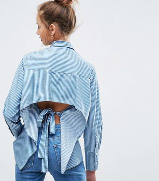 ASOS + Denim Stripe Shirt With Long Cuff and Open Back