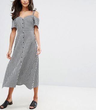 Warehouse + Cold Shoulder Gingham Midi Dress