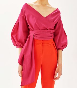 Topshop + Puff Sleeve Poplin Wrap Top