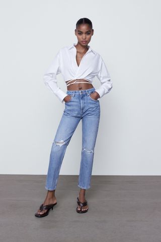 Zara + High Rise Ripped Jeans