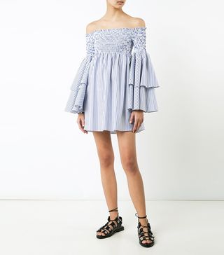 Caroline Constas + Ruffled Striped Off-Shoulder Dress