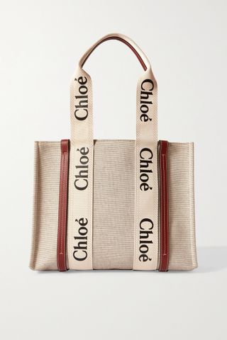 Chloé + Woody Medium Leather-Trimmed Linen Tote
