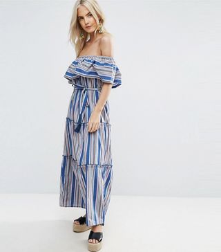 ASOS + Off Shoulder Maxi Dress in Bright Stripe